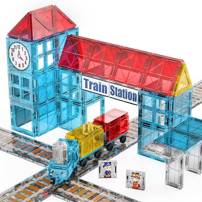 Magnetic Tiles Train Toys, Train Station Magnet Tiles for Kids Ages 4-8 with Magnetic Tiles Cars, Preschool Classroom Educations STEM Learning Montessori Toys Gifts for Toddler Boys and Girls