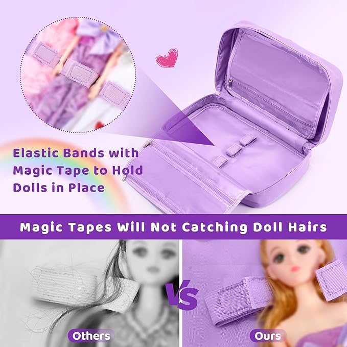 Carrying Case Compatible with Barbie Dolls 12-Inch, Storage Organizer Holder with Handle for up to 6 Dolls, Multiple Pockets for Clothes & Accessories,Travel Portable Storage Bag,Purple