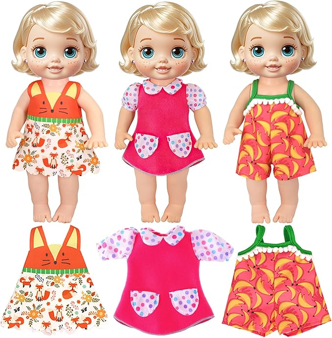 12 Set Alive Baby Doll Clothes and Accessories for 10-12 Inch Girl Dolls Outfits Include Cute Jumpsuit Dress, Gift for Kids 3+ Up