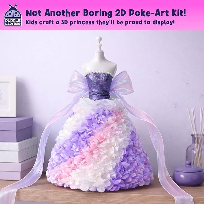 PURPLE LADYBUG 3D Princess Dress Poke Art Craft Kit for Kids Ages 6–12, Mess-Free DIY Flower Foam Activity Creative Gift Set, Birthday Holiday Craft Project