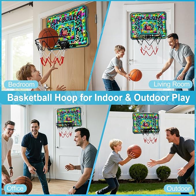Indoor Mini Basketball Hoop, Over The Door Basketball Hoop with LED Lights/Scoreboard/4 Balls, Upgraded Reinforced Backboard Frame, Basket Ball Toys Gift for Kids Ages 3-5-12+ Boys Girls