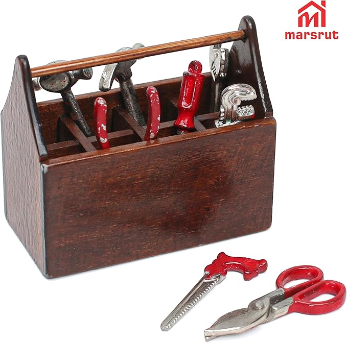 Miniature Tool Box Dollhouse 1/12 Scale Kit Set, 8Pcs Metal Working Tools with Mini Wood Toolbox, Doll Garage Accessories, Tiny Model for House Building, Garden Outdoor Repair, Rustic Farm Crafts