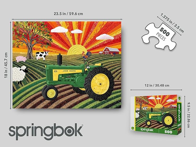 Springbok Sunny Pastures 500 Piece Jigsaw Puzzle for Adults – Poster Now INCULDED - John Deere Tractor – Unique Cut Pieces – Made in USA