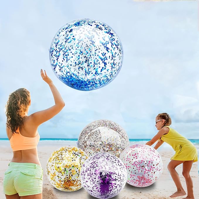 5 Pcs Inflatable Beach Balls, 16 Inch & 24 Inch Large Confetti Glitter Beach Balls, Sequins Clear Blow up Pool Balls Toys for Christmas Party Decorations 2026 New Year Birthday Summer Swimming Pool