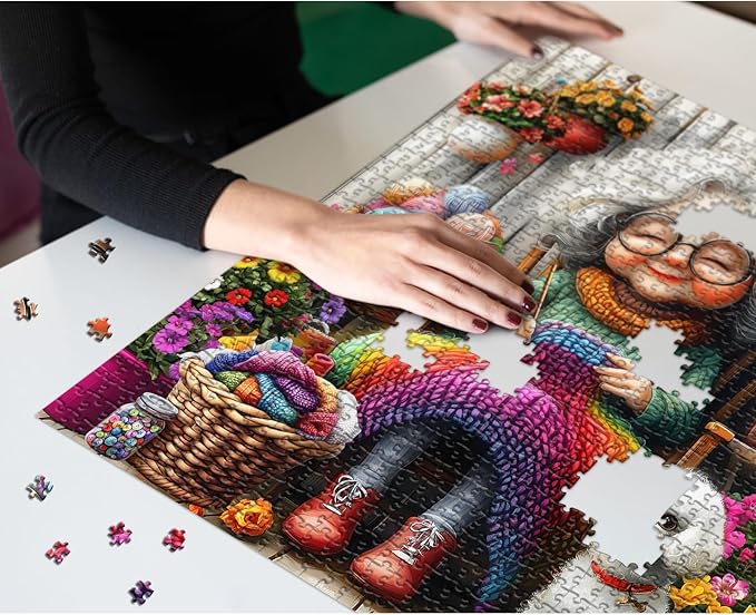 Old Woman Puzzles for Adults 1000 Piece, Larkipuzz Challenging Grandma’s Cozy Knit Puzzle Dog Cardinal, Hard Impossible Floral Plant Art Theme as Wall Decor