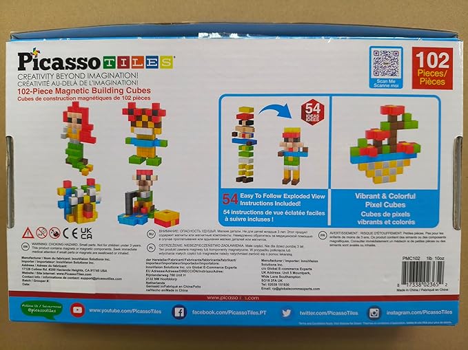 PicassoTiles 102pcs Pixel Magnetic Puzzle Cube 1” Pixel Mix & Match Toys with Ideabook STEM Education Learning Building Block Magnets Construction ToySet Stacking Creative Kit for Kids Age 3+ PMC102