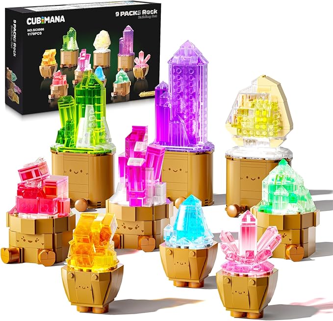 9 Pack Easter Party Favor Mineral Mini Building Set with LED Light, 1170PCS Crystals Flower Bonsai Block Toy for Goodie Bag Fillers Classroom Prizes, Birthday Gift for Kids Adults Women