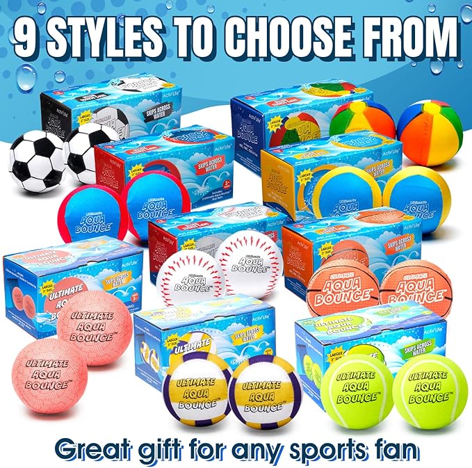 Activ Life Ultimate 2 Pack Larger 3” Water Skip Balls - Bouncing Balls for Swimming Pool & Beach Fun - Designs Include Baseball, Basketball, Volleyball, and Tennis for Kids, Friends, and Family