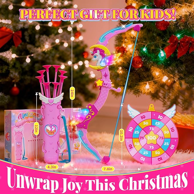 Unicorn Toys for Girls Ages 3-12, 6 Magic Lights BowArrow(Unicorn Horn, Wings, Star, Upper & Lower Arms), Dreamy Quiver & Princess Target, 8 Pink Suction Arrow, Gift for 3 4 5 6 7 8 9 10 Year Old Girl