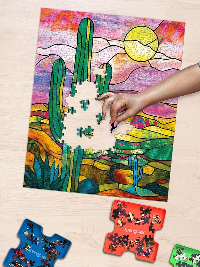 Springbok Desert Glow 500 Piece Jigsaw Puzzle for Adults - Stained Glass Cactus - Unique Cut Pieces - Made in USA
