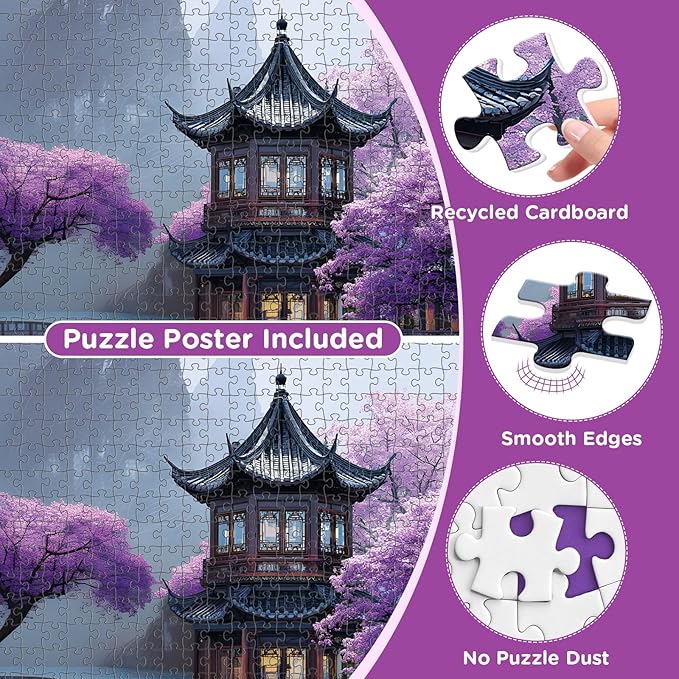 500 Piece Puzzles for Adults, Cherry Blossom Pavilion Dreamscape Puzzles, Vintage Flower Tree Scenery Jigsaw Puzzle, challenging Unique Lake Park Theme Puzzle as Home Decor Gift, 20.5 x 15 in