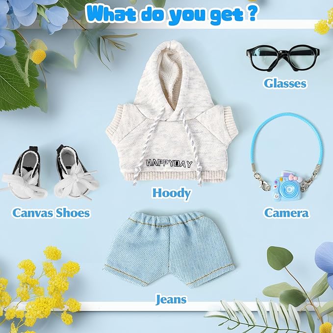 17cm Doll-Clothes-Outfit-Set,6PCS Casual Style Designer Doll Clothing Accessories for 17cm Dolls Boys-Hoody+Jeans+Small Camera+Glasses+Canvas Shoes(No Doll)