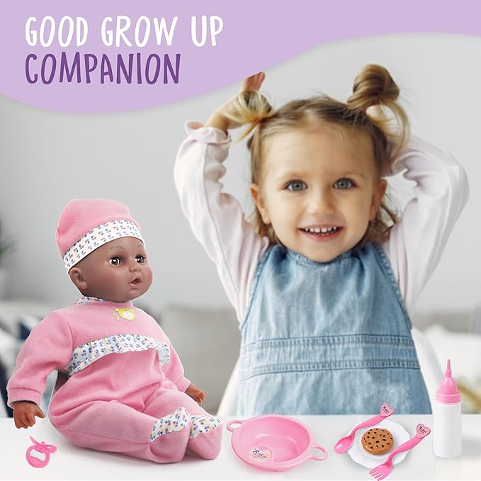 Toy Choi's Interactive Baby Doll Pink - 16 Inch Crying Talking Feeding Dolls with Different Sounds and Accessories, Pretend Play Preschool Toys for 2 3 4 5+ Year Old Girls Boys Gift, Black Doll