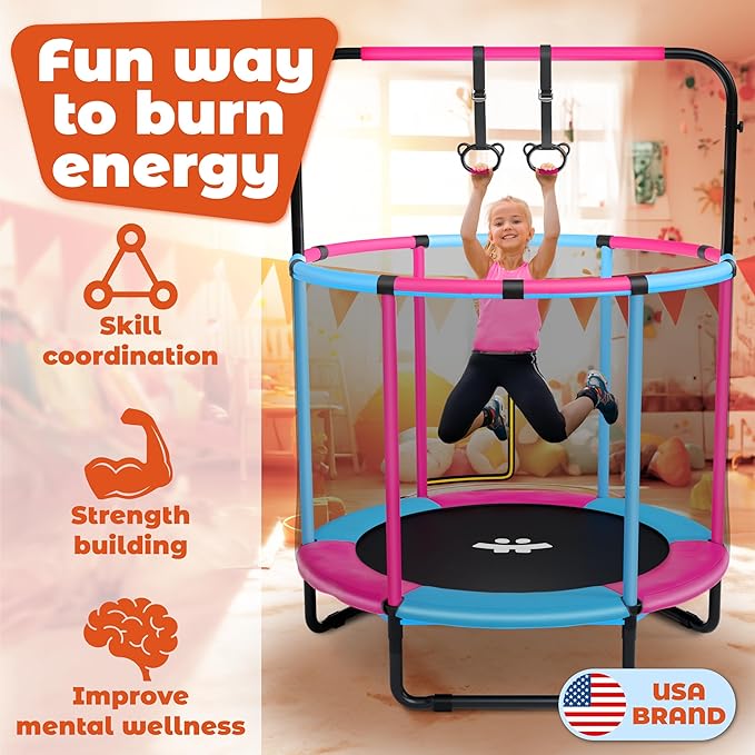 Happin® 55’’ Trampoline for Kids with Safety Enclosure, Indoor & Outdoor Toddler Trampoline, Ultra Safe Design with Multi Activity Accessories, Perfect Toddler Gift for Boys & Girls Ages 1–8