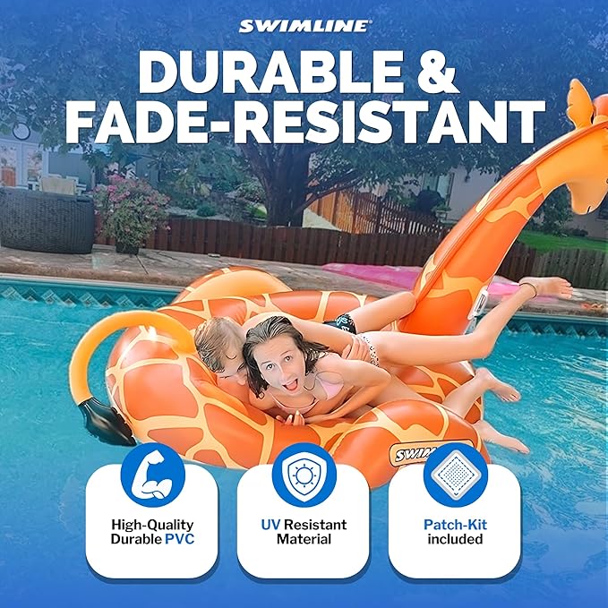 SWIMLINE ORIGINAL 90710 Giant Inflatable Giraffe Pool Float Floatie Ride-On Lounge W/ Stable Legs Wings Large Rideable Blow Up Summer Beach Swimming Party Lounge Big Raft Tube Decoration Toys Kids