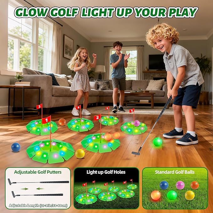VATOS Light up Golf Putting Game Set - Glow Golf Toy with 6 LED Holes, 6 Balls (2 Glow), Extendable Putter, Build Your Own Course at Home Indoor Outdoor Yard Office Golfs Gifts for Kids Adults Golfer