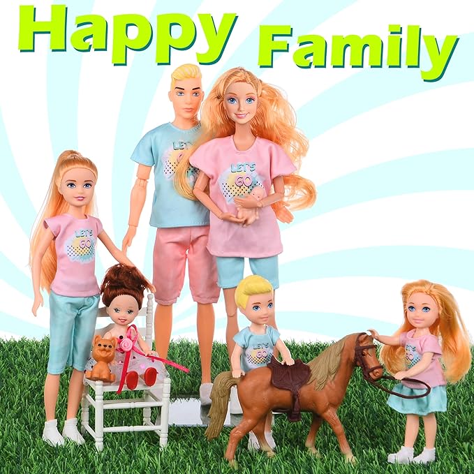 Family Dolls Set of 7 People Include Pregnant Mom Dad 4 Kids, a Small Baby in Mommy's Tummy,a Puppy Dog and a Little Horse, Doll Playsets and Accessories for 3-12 Years Old Toddlers Gift