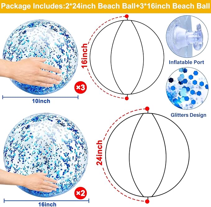 5 Pcs Inflatable Beach Balls, 16 Inch & 24 Inch Large Confetti Glitter Beach Balls, Sequins Clear Blow up Pool Balls Toys for Christmas Party Decorations 2026 New Year Birthday Summer Swimming Pool