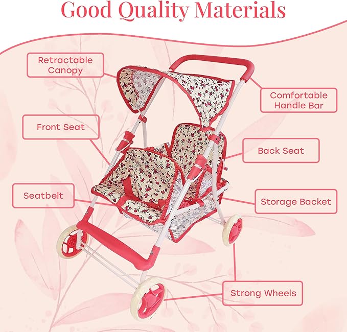 Double Doll Stroller for Twin Dolls & Toddlers - 25' Floral Tandem Play Toy Stroller