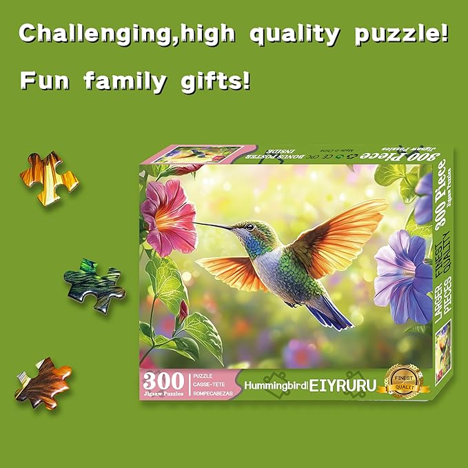 300 Pieces Puzzle for Adults, Spring Hummingbird Flowers Large Pieces Jigsaw Puzzle for Kids Adults, Recycled Paper, Glossy & Sturdy Pieces, Challenging Puzzle & Perfect Family Game, 20.5 x 15 in