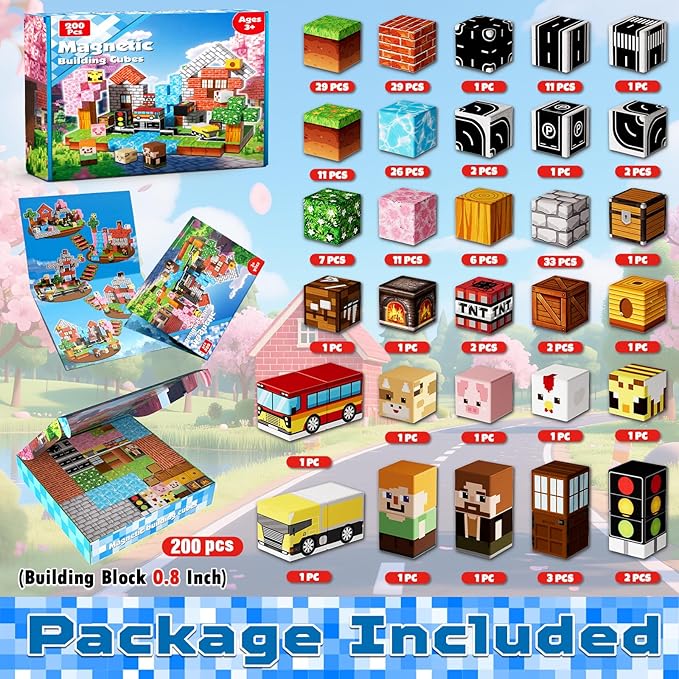 200 PCS 0.8in Magnetic Blocks - Magnet Toys & Magnetic Building Blocks Cubes, Stacking Magnets, STEM Toys for School Acitivities, Birthday Gifts for Boys Age 3+ Years Old (Theme: Forests)