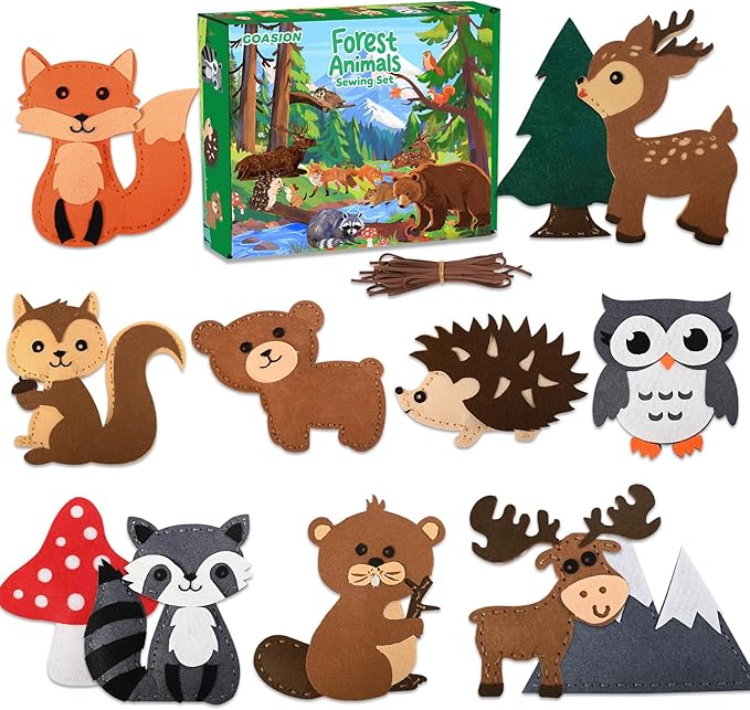 GOASION Sewing Kit for Kids, Woodland Animals Kids Sewing Kit, Pre Punched Design for DIY Hanging Decorations, Sewing Tit for Beginners Age 8-12, Boys & Girls Birthday Gift