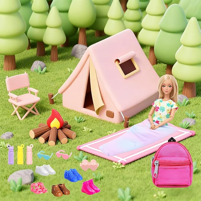 BARWA 26 Pcs Doll Travel Camping Set Includes 7 Sets Doll Clothes, Sleeping Bag, Backpack, Sport Bottles, Telescope,Glasses, Shoes Camping Accessories for 11.5 Inch Dolls