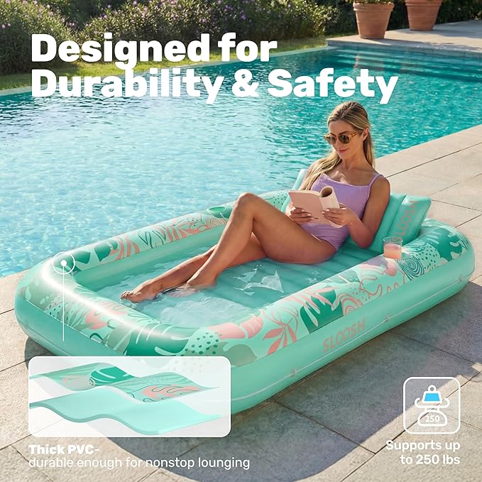 SLOOSH Inflatable Tanning Pool Lounger Float, 70" x 46" Pool Floats Adult with Pillow, 4 in 1 Suntan Tub Raft Floatie,Sunbathing Bed Lounge for Water Blow Up Ball Pit Party Gifts, L-Aqua Blue