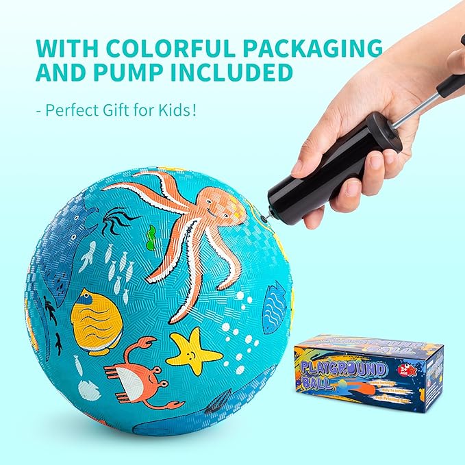 ZOOJOY Pack of 2 Cartoon Playground Balls, Balls for Kids 3+, 8.5" Rubber Balls for Dodgeball, Non-Slip Rubber Bouncy Kickball Set, Indoor & Outdoor Game Toys for Boys Girls with Pump