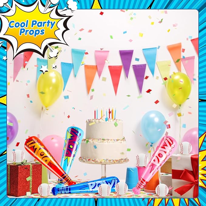 Seematn 24 Sets Inflatable Baseball Bats and Baseballs Set Includes 17 Inch Pow Inflatable Baseball Bats and 2.5 Inch Mini Foam Baseballs for Sports Party Favor Carnival Birthday (Candy Colors)