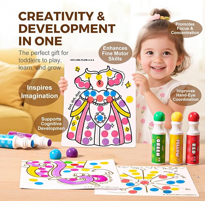 Jar Melo Washable Dot Markers for Toddlers, 6 Colors Dot Paints with 120 Printed PDF & 10 Activity Papers, Non-Toxic Bingo Markers for Kids Arts and Crafts Gifts