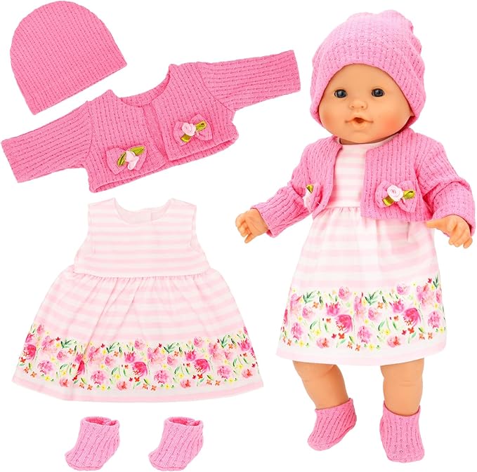 4 Sets Baby Doll Dress Knitted Hat Outfit Dolls Accessories with Baby Doll Socks for 14 Inch to 17 Inch Dolls (Pink and Flowers Style)