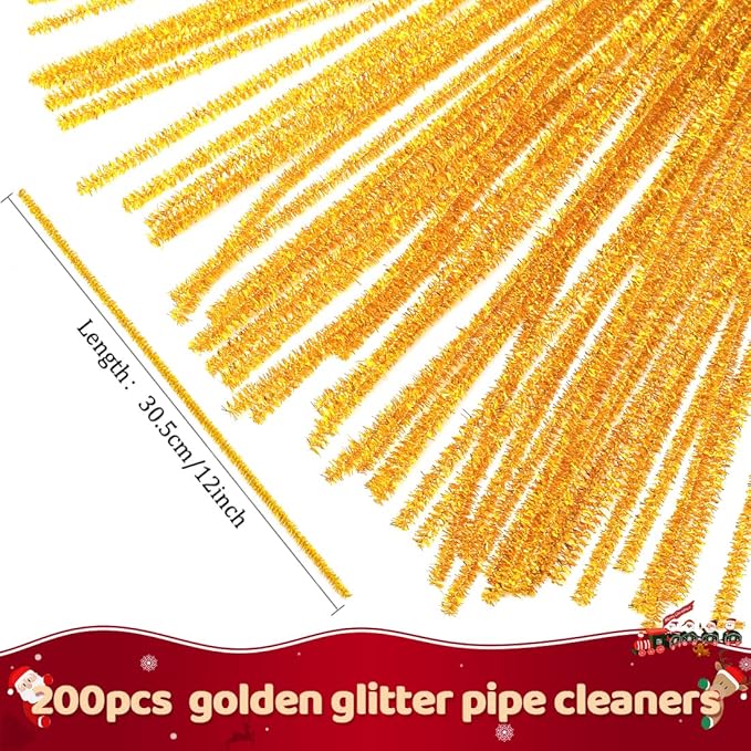 Praisebank Golden Glitter Pipe Cleaners for Crafts, 200pcs, Chenille Stems for DIY Projecets, Arts & Crafts Supplies for Festival Party Decorations