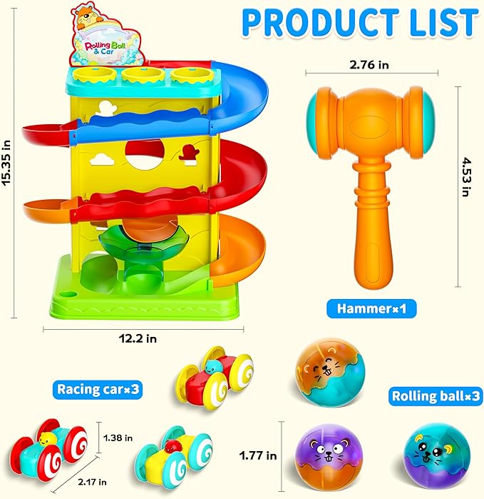 Funwee 2-in-1 Rolling Ball & Racing Car Ramp Toy for Toddlers, Race Track Hammer Lights Ball Drop, Interactive Montessori Learning Game Birthday Gift Idea for Kids 1 2 3 4 5+Year Old Girl Boy(Yellow)