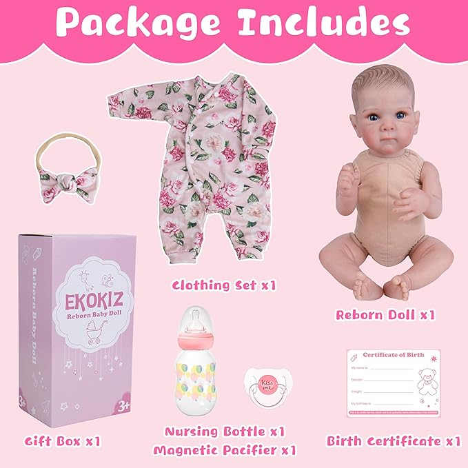 EKOKIZ 20 Inch Realistic Reborn Baby Doll Girl Lifelike Baby Dolls, Soft Cloth Body & Silicone Limbs Newborn Doll with Floral Outfit & Accessories, Gift Box for Kids 3+ & Collectors