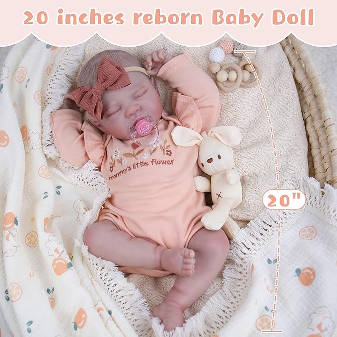 EKOKIZ Lifelike Reborn Baby Dolls, 20-Inch Realistic Baby Doll Girl Soft Cloth Body Newborn Doll with Complete Accessories for Kids Age 3+ Real Life Dolls, Lovely & Pretty Girls