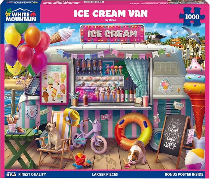 White Mountain 1000 Piece Jigsaw Puzzle Summer Beach Scene Puzzles with Large Pieces Gift for Adults and Family 24"x30" - Ice Cream Van