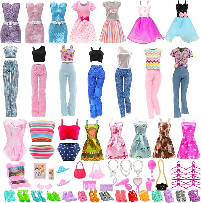 ENOCHT 51 PCS Doll Clothes and Accessories Including Fashion Dresses, Tops and Pants Outfits, Party Dresses, Swimsuits Bikini 38 PCS Shoes Hangers and Other Accessories for 11.5 inch Dolls