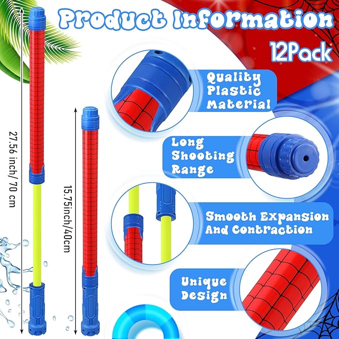 12 Pack Spider Water Blaster 15.75 in Water Shooter Blasters Gun Party Favors for Kids Summer Birthday Outdoor Swimming Pool Backyard Beach Summer Games