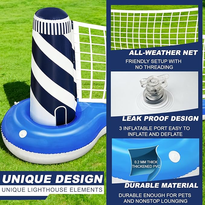 Inflatable Pool Games Volleyball Net Pool Float Set with 19" Beach Ball, Lighthouse Design – Floating Swimming Water Sports Toys for Adults, Perfect for Summer Pool Party Supply (112"X26"X35")