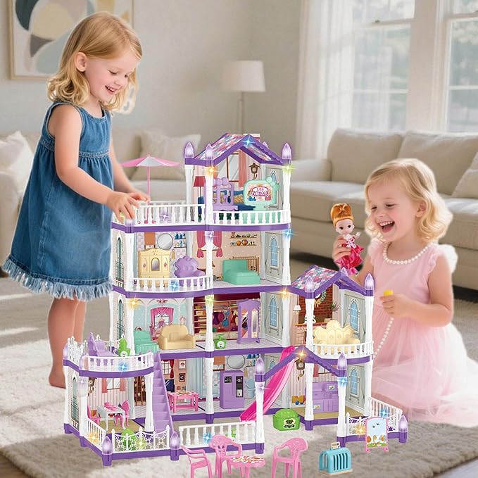 Villa Toy House for Girls, 4 Stories 10 Rooms Villa Playhouse with Princesses Slide Accessories, Lights, Furniture, stairs, DIY pretend toddlers playset kit for 3 4 5 6 7 8 9 10 Year Old Kids (purple)