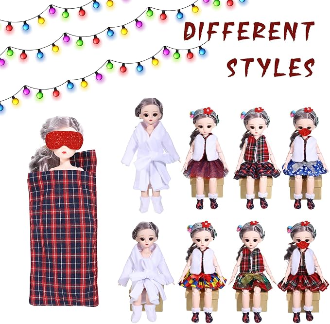 Sumind 14 Pieces Christmas Doll on Clothes Accessories Outfits Set Including Skirts, Bathrobe, Sleeping Bag, Fluffy Vest, Shirt, Scarf, Eye Cover and Boots for Xmas Doll Decor(Novel Style)