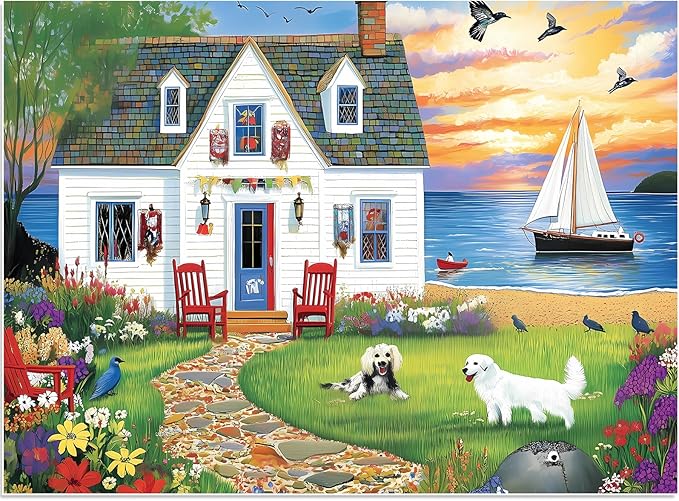 Puzzles for Adults 500 Pieces, Dog Birds Hourse Puzzle, Seaside Jigsaw Puzzles 500 Piece for Adults Seniors, Recycled Cardboard Puzzle for Game Night Family Friends, 20.5x15 in