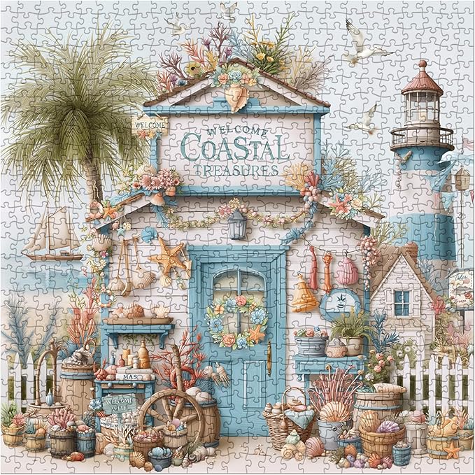 Beach Cottage Scene for Adults 1000 Piece, Ocean Seaside Cabin Jigsaw Puzzle, Lighthouse Seashell Collection Puzzle