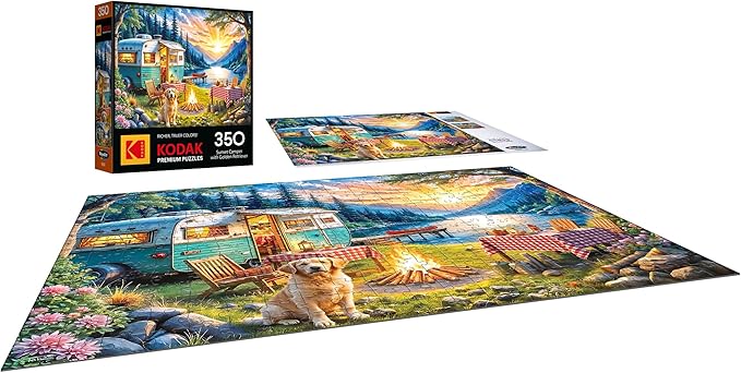RoseArt - Kodak Premium 350 Piece Puzzle - Sunset Camper with Golden Retriever, Vibrant Lakeside Scene, Jigsaw Puzzle for Adults, 24" x 18" Finished Size
