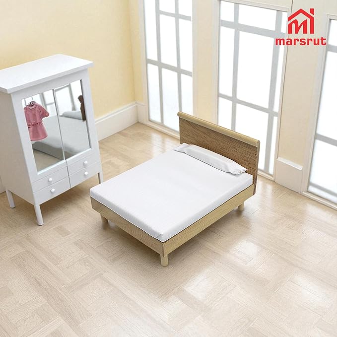 Doll House Bed Miniature 1:12 Dollhouse Bedroom Furniture for 6 Inch Dolls Wooden Single Beds with Bedding Fabric, 1/12 Scale Vintage Victorian Mini Accessory DIY Scene Decoration Home Props Modern