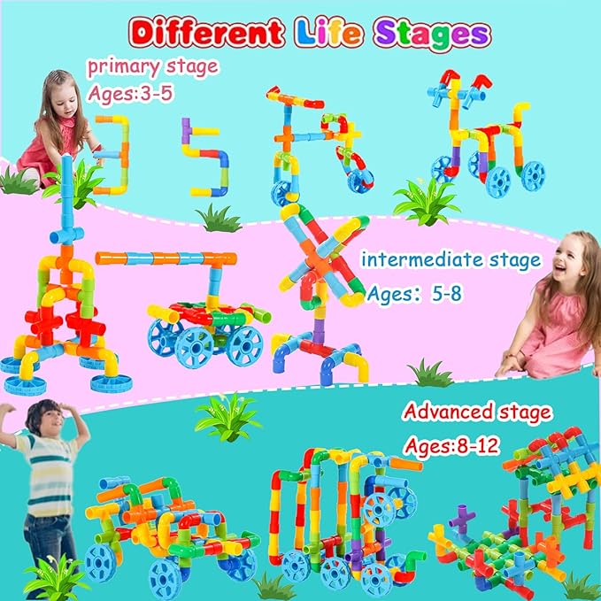 Pipe Building Toys, Early Learning Educational Tubular Pipes, Kids Building Blocks, STEM Toys for 3 Year Old + Boys and Girls, 72 Pcs Stim Toy Set