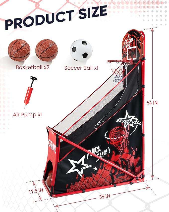 Basketball Arcade Game for Kids: Foldable Basketball Hoop Set with Soccer Goal- Portable Indoor Outdoor Sports Play Toy- Gift for Ages 3-12 Boys Girls- Air Pump and 3 Balls Included
