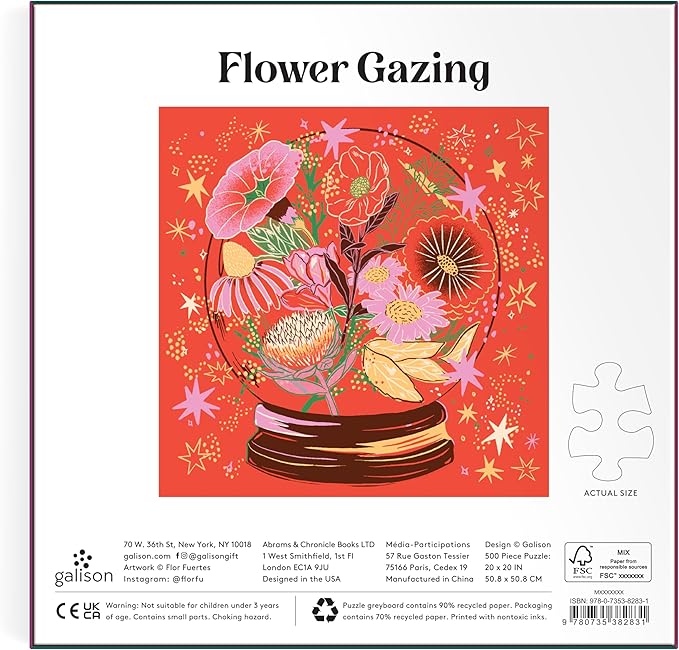 Galison Flower Gazing – 500 Piece Foil Jigsaw Puzzle Featuring Beautiful Artwork of Intergalactic World of Blooms Inside A Crystal Ball