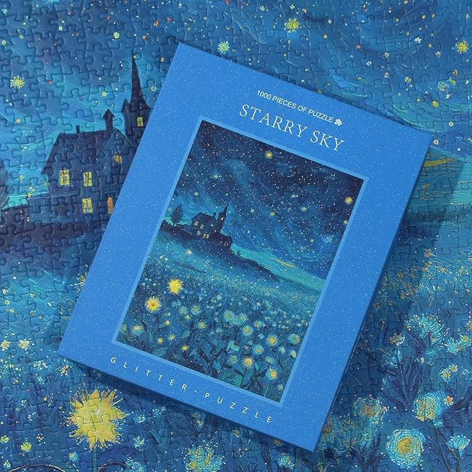 Puzzles for Adults 1000 Pieces Romantic Glitter Blue Starry Sky Jigsaw Puzzle with Letters on The Back Challenging Puzzles Game for Family and Friends (27.5"x19.6")